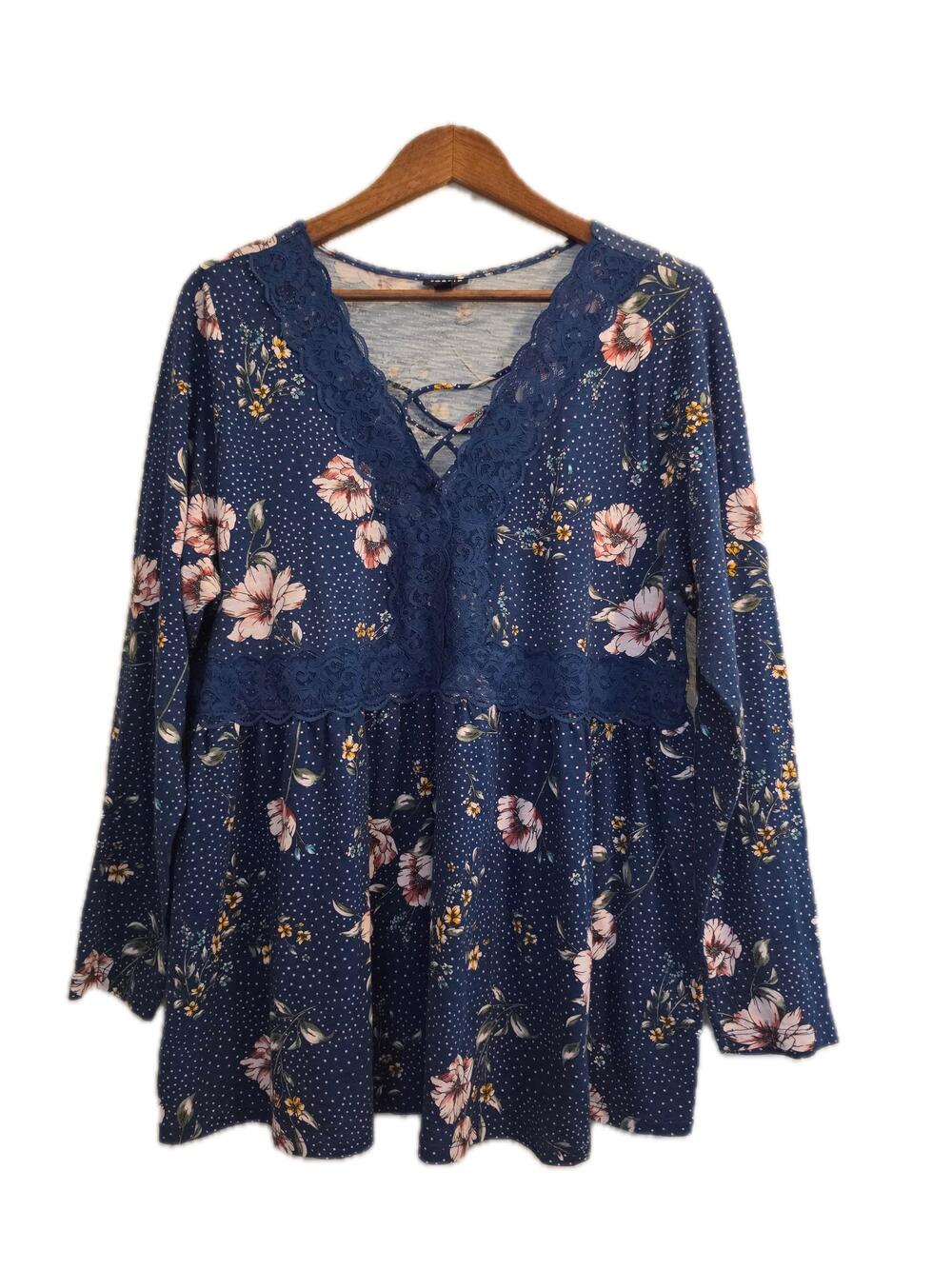 Torrid Blouse Womens 2 Blue Floral Tunic V-Neck Long Sleeve Crochet Lace